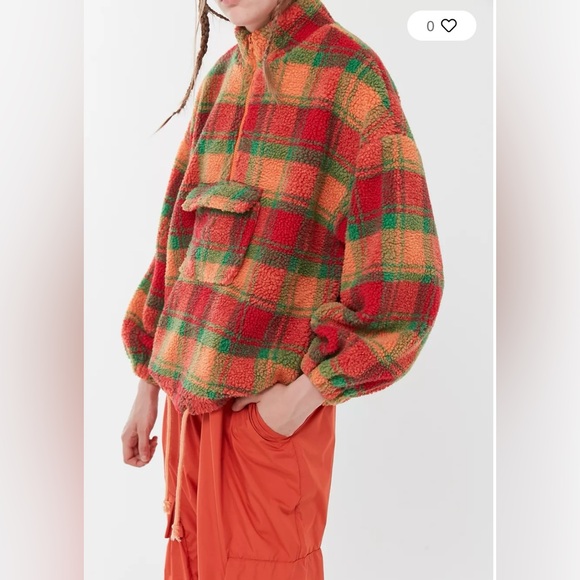 Urban outfitters J.O.A Plaid Polar Fleece 1/2 zip Jacket Oranges Shepra size XS - Picture 2 of 15